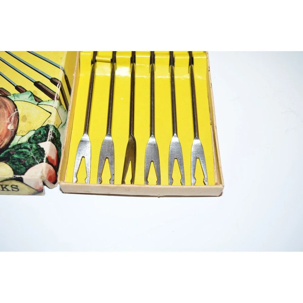 Vtg Set 6 Fondue Forks Stainless Steel‎ Colored Plastic Handles Japan MCM retro